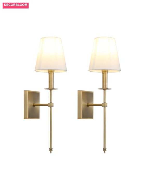 Other - Set of 2 Industrial Wall Sconces with Flared White Fabric Shades, Brass Finish,